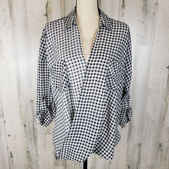 Mystree Gingham Drape Front Top Sz M - Picture 1 of 6